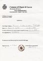 Nachweis über Mulinis Abmeldung in Bagni di Lucca, aus Italien angefordert vom Urenkel im Jahr 2005