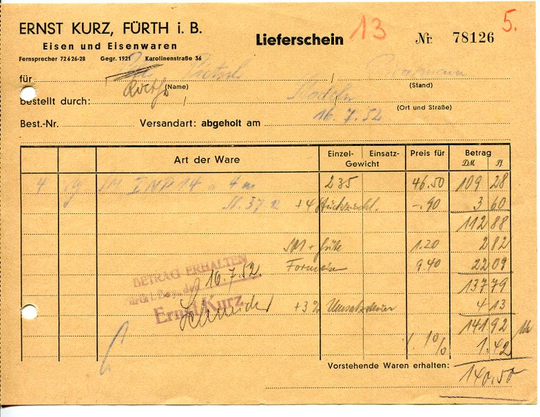 Datei:Rechnung Ernst Kurz 1952.jpg