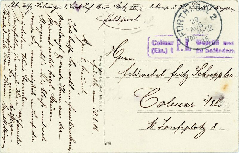 Datei:AK Bahnhofplatz 11 gel 20 Aug 1916 Rückseite Max Holzinger.jpg