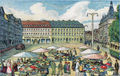 Werbekarte der Firma Möbel Scherer: Die Fürther Freiheit (Schlageterplatz) zwischen 1938 und 1945 - im Hintergrund das Parkhotel, im Vordergrund der Wochenmarkt