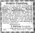 Anzeige von J. Adelung zu seiner Geschäftseröffnung vom 8. Oktober 1864