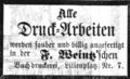 Zeitungsanzeige des Spezereihändlers F. Weintz, dass er auch "Druck-Arbeiten" erledigt, Januar 1874