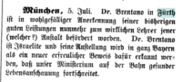 Meldung zu Brentano in "Der Israelit" 22.7.1863