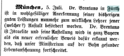 Meldung zu Brentano in "Der Israelit" 22.7.1863