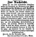 Zeitungsanzeige des Malers <a class="mw-selflink selflink">Christoph Schildknecht</a>, dass er ein privates Zeicheninstitut eröffnen darf, November 1851.