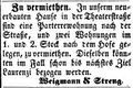 Zeitungsanzeige von Weigmann & Streng, August 1868