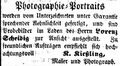 Zeitungsanzeige des Porzellanmalers und Photographen <a class="mw-selflink selflink">Konrad Kießling</a>, August 1855