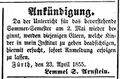 Anzeige von Lemmel Arnstein, <!--LINK'" 0:14--> 25.4.1855