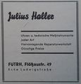 Werbeanzeige des Uhrmachermeisters <a class="mw-selflink selflink">Julius Haller</a>, 1949