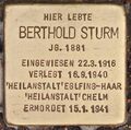 Stolperstein Berthold Sturm (Erlangen) <span class="smw-highlighter" data-type="8" data-state="inline" data-title="Hinweis" title="Urheber: Christian MichelidesErstellungsdatum: 28. Dezember 2019Lizenz: cc-by-sa-3.0"><span class="smwtticon note"></span><span class="smwttcontent">Urheber: Christian Michelides<br>Erstellungsdatum: <!--LINK'" 0:10--> <!--LINK'" 0:11--><br>Lizenz: cc-by-sa-3.0</span></span>
