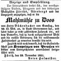 Zeitungsanzeige des Wirts <!--LINK'" 0:29-->, <!--LINK'" 0:30-->, dass er die Mahlmühle in Doos von Hr. Büchenbacher pachtet, November 1851