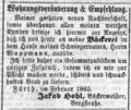 Anzeige Bäckerei Hohl bei Wappmann (Schwiegervater), Fürther Tagblatt 7.2.1865 <span class="smw-highlighter" data-type="8" data-state="inline" data-title="Hinweis" title="Erstellungsdatum: 7. Februar 1865Lizenz: cc-by-sa-3.0"><span class="smwtticon note"></span><span class="smwttcontent">Erstellungsdatum: <!--LINK'" 0:54--> <!--LINK'" 0:55--><br>Lizenz: cc-by-sa-3.0</span></span>