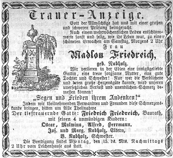 Datei:Traueranzeige Madlon Friedreich 1871.jpeg