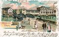 Ansichtskarte von der Maxbrücke - im Hintergrund der Schlachthof und das Fischhäusla, gel. mai 1902