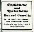 Werbeanzeige in der FN vom 19.3.1949 der (längst vergessenen) Fischküche und Speisehaus Gauwitz in der Moststraße 1