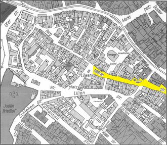 Alter Katasterplan des Gänsbergviertels, Mohrenstraße ist gelb markiert