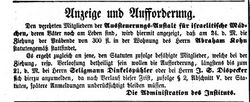 Aufruf der Aussteuerungs-Stiftung für israelitische Mädchen,Fürther Tagblatt 16.Juni 1855
