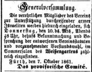 Verein durchreisende arme Israeliten, Fürther Tagblatt 9.10.1861.jpg