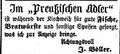 Zeitungsannonce des Wirts <a class="mw-selflink selflink">zum preußischen Adler</a>, J. Böller, September 1855