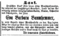 Anzeige zum Tod der ersten Ehefrau Eva Barbara Baumhemmer, April 1861