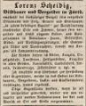 Zeitungsannonce des Vergolders <a class="mw-selflink selflink">Lorenz Scheidig</a>, Juli 1842