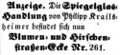 Ph. Krailsheimer an der Ecke Blumen- und Hirschenstraße, November 1857