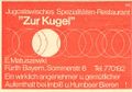Zündholzschachtel-Etikett der ehemaligen Gaststätte Zur Kugel, um 1965