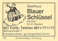 Zündholzschachtel-Etikett der ehemaligen Gaststätte Blauer Schlüssel in der Mohrenstraße, um 1965