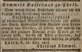 Werbeannonce für die Eröffnung des Kaffeehauses von Christian Kümmel, 1835