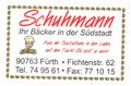 Visitenkarte Bäckerei Schuhmann (Vorderseite) <span class="smw-highlighter" data-type="8" data-state="inline" data-title="Hinweis" title="Lizenz: cc-by-sa-3.0"><span class="smwtticon note"></span><span class="smwttcontent">Lizenz: cc-by-sa-3.0</span></span>