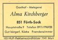 Zündholzschachtel-Etikett des Gasthof Kirchberger, noch mit alter Straßenbezeichnung, um 1965