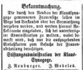 Anzeige Klaussynagoge Frauensitzvergabe, Fürther Tagblatt 25. September 1864