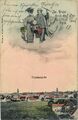 Ansichtskarte mit Blick über die Stadt - mit einem zeitgenössischen Motiv "Im Fluge durch die Welt", gel. 1908