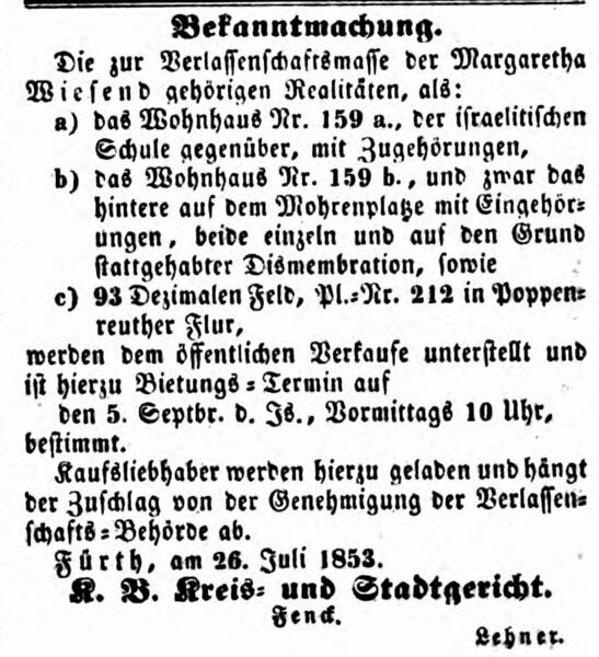 Datei:Verkauf des Wiesend-Nachlasses, Ftgbl. 10. August 1853.jpg