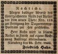 Hinweis auf ein Fotoatelier des Daguerreotypisten  in Fürth, Februar 1844
