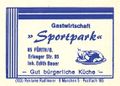 Zündholzschachtel-Etikett der ehemaligen Wirtschaft Sportpark, um 1965