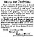 Zeitungsannonce des Konditors Andreas Krauß, Februar 1854