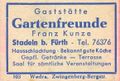 Zündholzschachtel-Etikett der ehemaligen Gaststätte Gartenfreunde, um 1965 <span class="smw-highlighter" data-type="8" data-state="inline" data-title="Hinweis" title="Lizenz: cc-by-sa-3.0"><span class="smwtticon note"></span><span class="smwttcontent">Lizenz: cc-by-sa-3.0</span></span>