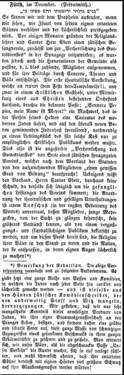 Kantor Ebert, jüd. Gesangsverein, Der Israelit 1. Januar 1858.png
