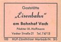 Zündholzschachtel-Etikett der ehemaligen Gaststätte Eisenbahn, um 1960 <span class="smw-highlighter" data-type="8" data-state="inline" data-title="Hinweis" title="Lizenz: cc-by-sa-3.0"><span class="smwtticon note"></span><span class="smwttcontent">Lizenz: cc-by-sa-3.0</span></span>