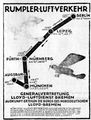 Werbung von 1921 der Firma Rumpler Luftverkehr über die Strecke "Berlin - Leipzig - Fürth/Nürnberg - München - Augsburg"