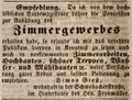 Zeitungsanzeige des Zimmerers <a class="mw-selflink selflink">Simon Gieß</a>, Juli 1844