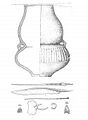 Etagenurne, Messer und Teile eines Rasiermessers aus Bronze, gefunden in der Gegend der heutigen Lehmusstraße, späte Bronzezeit, ca. 1200 - 800 v. Chr.