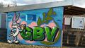 Im Rahmen des Jubiläumsjahres "125 Jahre GBV" entstandenes Grafitti am Gemeinschaftsgarten P13. Zustand 2023