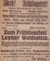 Historische Werbeanzeige von 1914 für ein Frühlingsfest an der Leyher Waldspitze