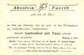 Blanko-Einladungskarte der Absolvia für ein Gartenfest beim Muggenhofer Feldschlößchen, musikalisch begleitet von der Kapelle des 21. Infanterieregiments. Um 1910