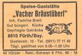 Zündholzschachtel-Etikett der ehemaligen Gaststätte Vacher Bräustüberl, um 1965