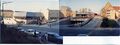 Panorama Foto der neuerbauten <a class="mw-selflink selflink">Stadthalle</a> mit Tiefgarageneinfahrt von der  aus im November 1982. Links die noch stehende .