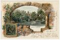 Ansichtspostkarte "Stadtpark", umrahmt von einem Portal und Wappendarstellung, gel. 1902