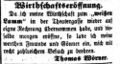 Thomas Wörner übernimmt seine Wirtschaft "zum weißen Lamm" selbst, Dezember 1857 <span class="smw-highlighter" data-type="8" data-state="inline" data-title="Hinweis" title="Erstellungsdatum: Dezember 1857Lizenz: NOC-NC-1.0"><span class="smwtticon note"></span><span class="smwttcontent">Erstellungsdatum: Dezember <!--LINK'" 0:8--><br>Lizenz: NOC-NC-1.0</span></span>